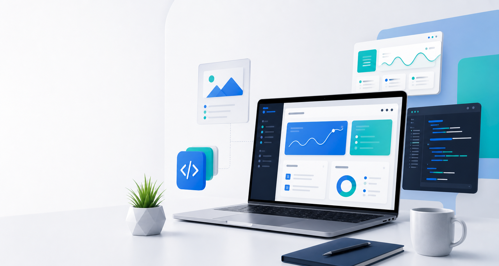 Visual de desarrollo web con paneles digitales y codigo
